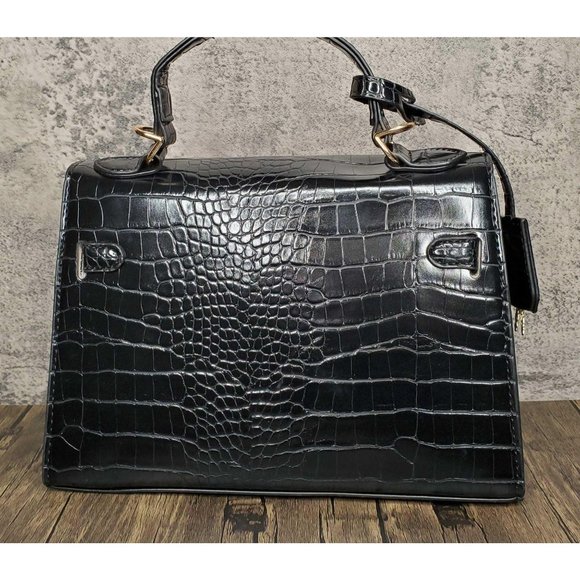 KELLY CROC BIRKIN-STYLE BAG MEDIUM BLACK Back in S - Picture 7 of 10